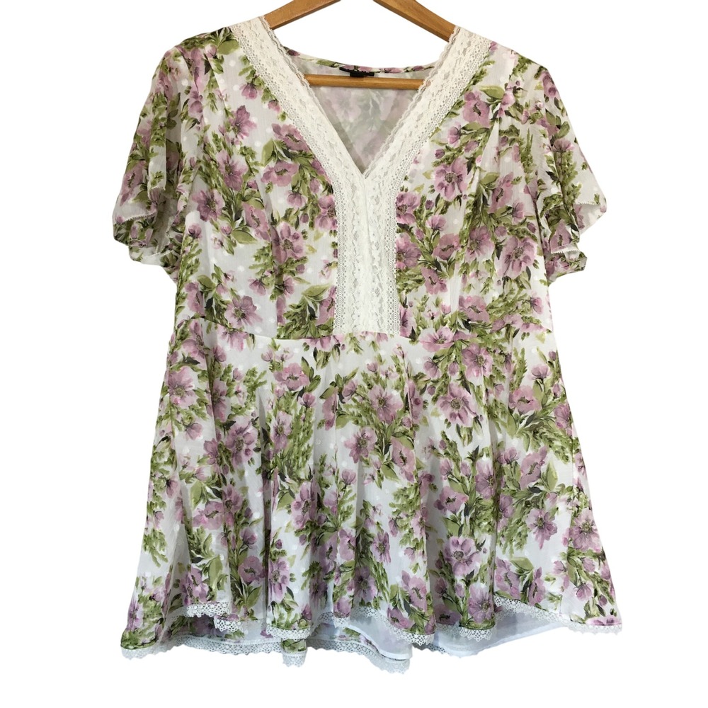 Floral Lace Trim White Pink Green Chiffon Babydoll‎ Top